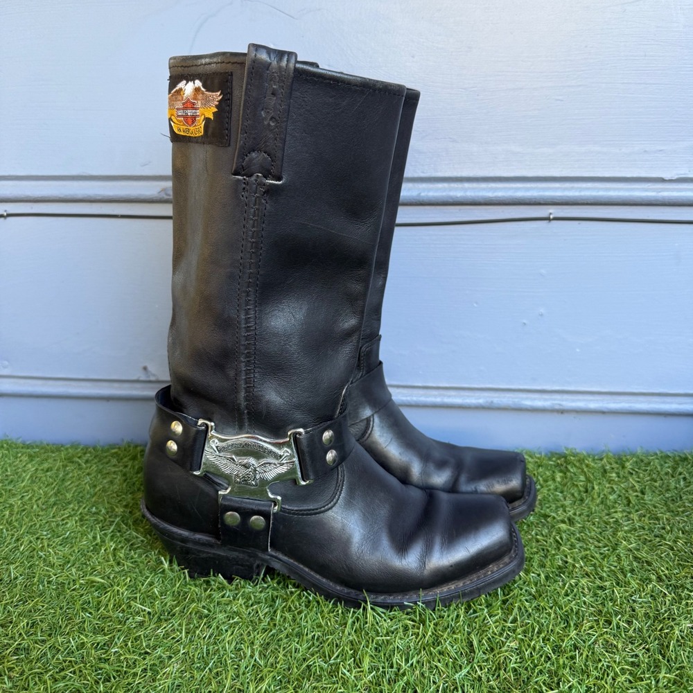 Harley Davidson Womens Black Leather Eagle Harness Moto Biker Boots 7.5 M